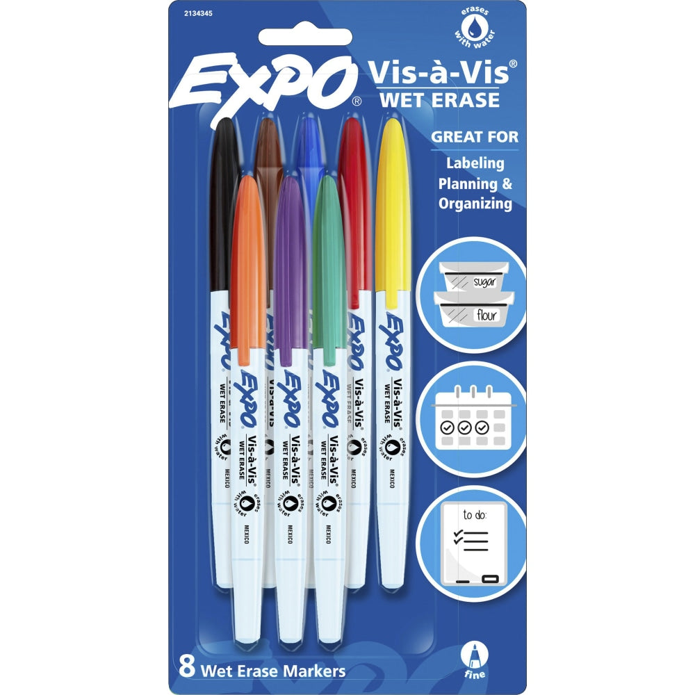 EXPO Vis-A-Vis Wet-Erase Markers, Fine Point, White Barrels, Assorted Ink Colors, Pack Of 8 Markers