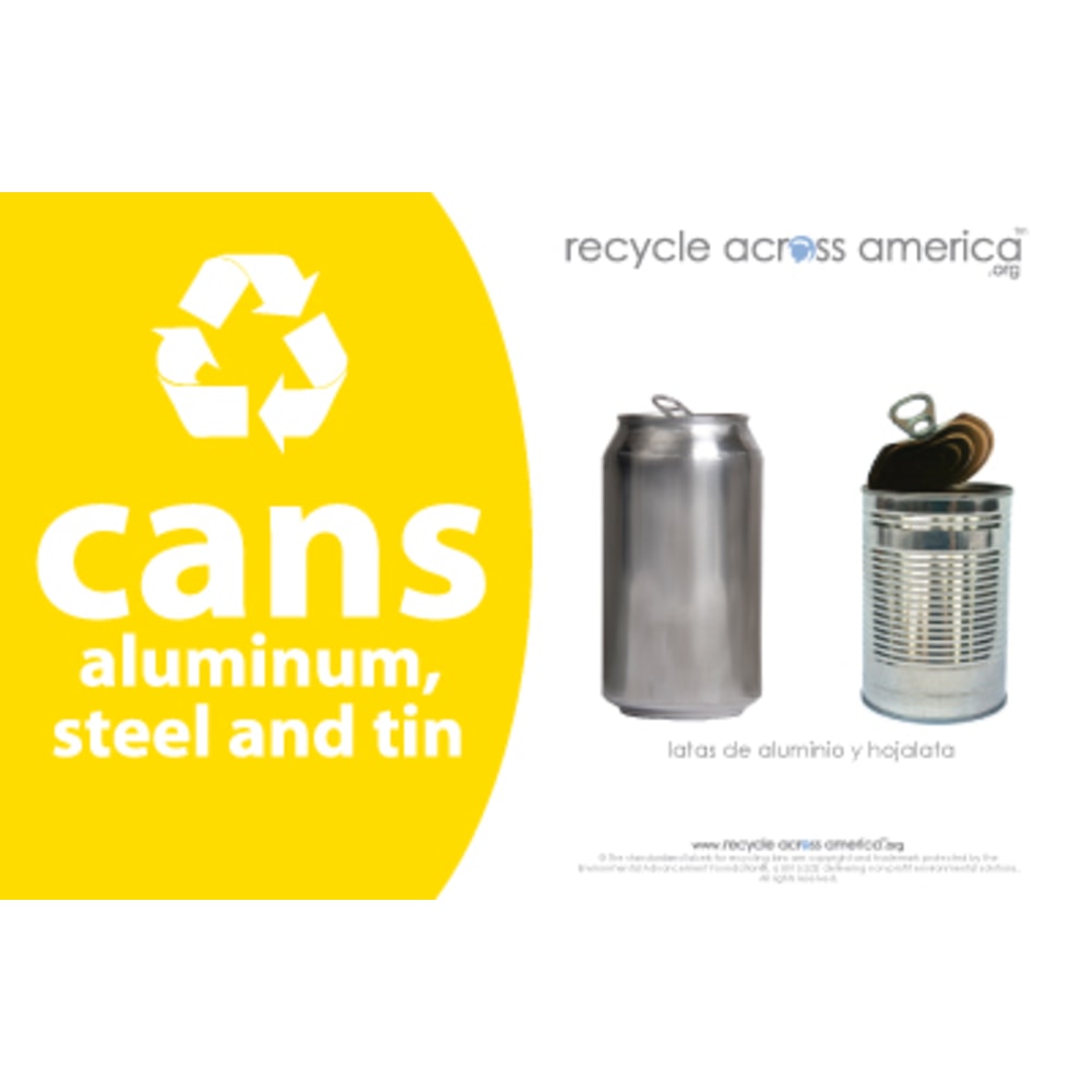 Recycle Across America Aluminum, METAL-5585, Steel And Tin Cans Standardized Recycling Labels, 5 1/2in x 8 1/2in, Yellow