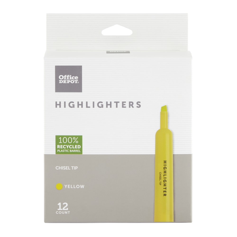 Office Depot Brand Chisel-Tip Highlighters, 100% Recycled Plastic Barrel, Fluorescent Yellow, Pack Of 12