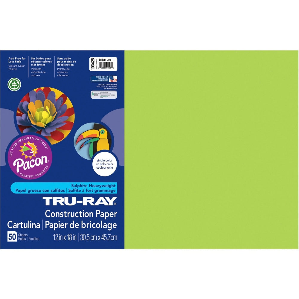 Tru-Ray Construction Paper, 50% Recycled, 12in x 18in, Brilliant Lime, Pack Of 50