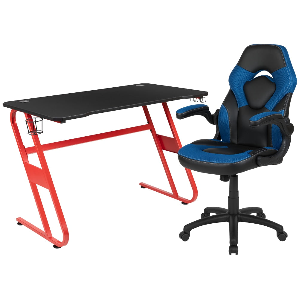 Flash Furniture Gaming Desk And Racing Chair Set With Cup Holder And Headphone Hook, Blue