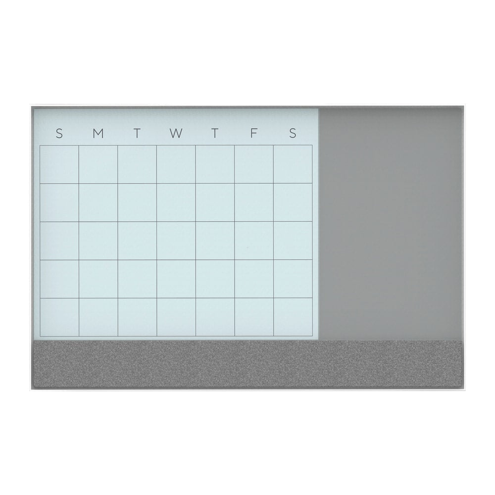 U Brands 3N1 Framed Monthly Calendar White Magnetic Glass Calendar Board with Splits Gray Glass Board and Felt Strip, 23in X 17in, White/Gray Board, White Aluminum Frame