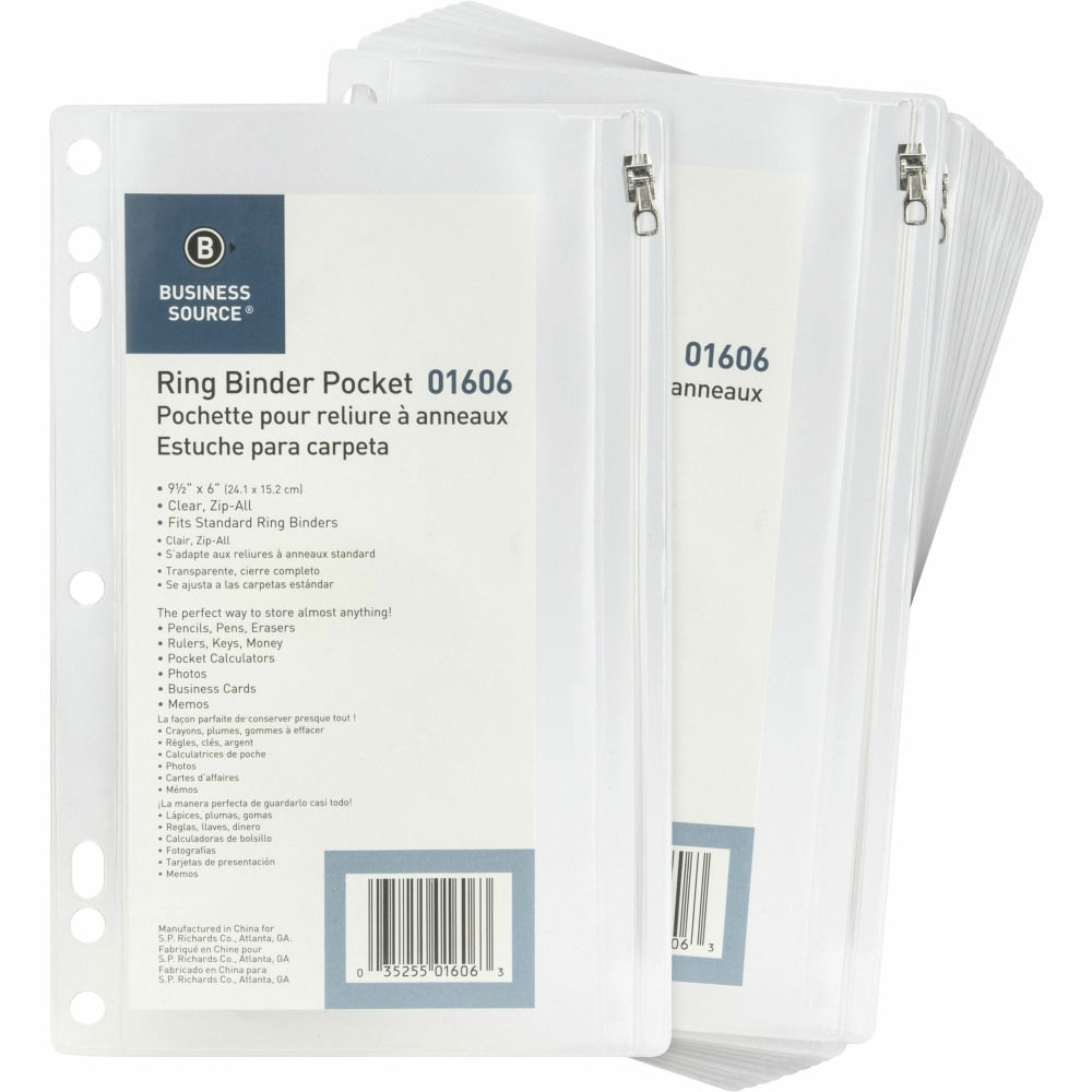 Business Source Punched Economy Binder Pocket - 9.5in Height x 6in Width - 7 x Holes - Ring Binder - Clear - Plastic - 24 / Box