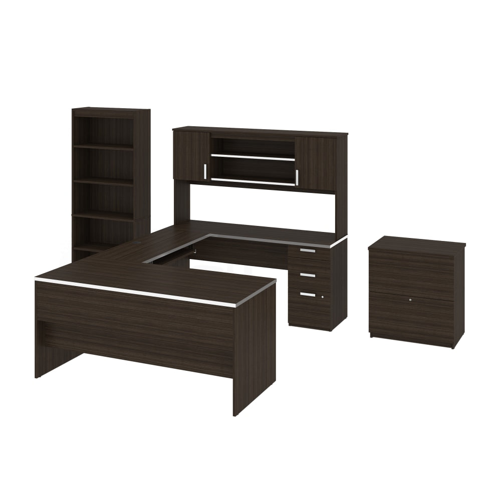 Bestar Ridgeley 65inW U-Shaped Desk With Hutch, Lateral File Cabinet And Bookcase, Dark Chocolate