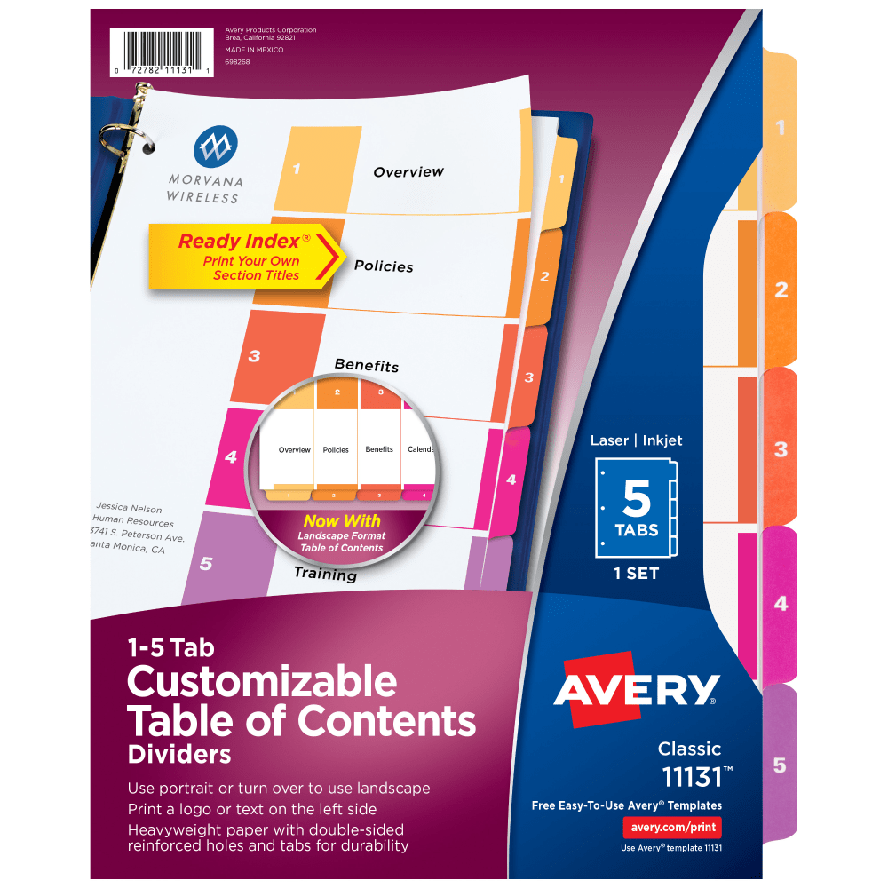 Avery Ready Index 1-5 Tab Binder Dividers With Customizable Table Of Contents, 8-1/2in x 11in, 5 Tab, White/Multicolor, 1 Set