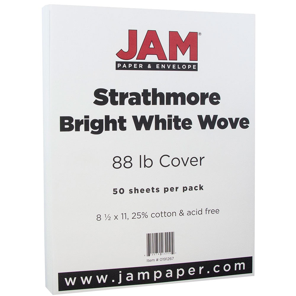 JAM Paper Card Stock, Strathmore Bright White Wove, Letter (8.5in x 11in), 88 Lb, Pack Of 50