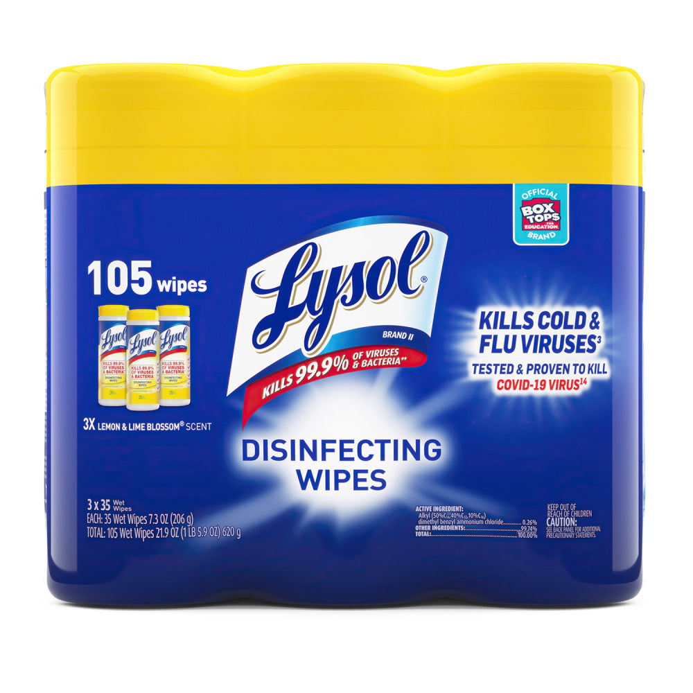 Lysol Disinfecting Wipes, 7in x 7-1/4in, Lemon Scent, 35 Wipes Per Canister, Carton Of 12 Canisters