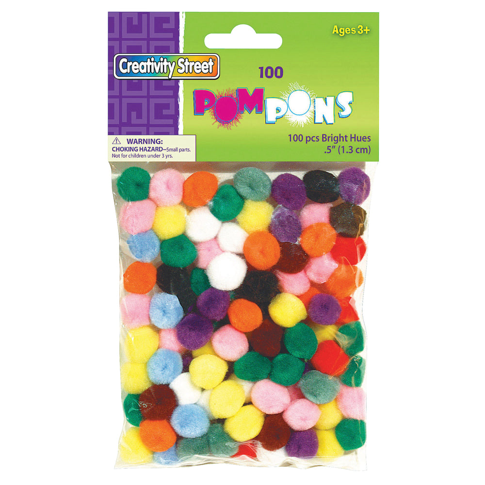 Creativity Street Pom Poms, 1/2in, Bright Hues Assortment, 100 Pom Poms Per Pack, Set Of 12 Packs