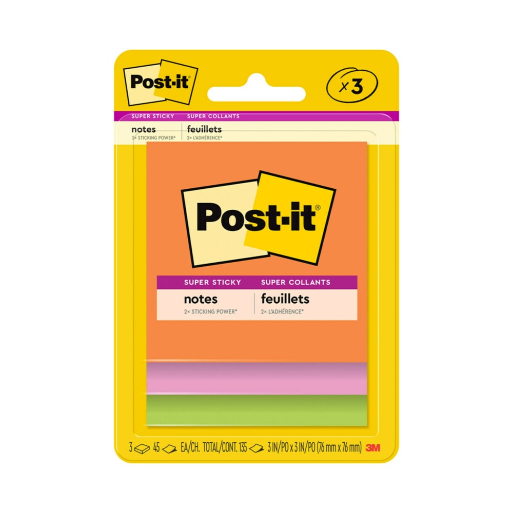 Post-it Super Sticky Notes, 3 in x 3 in, 3 Pads, 45 Sheets/Pad, 2x the Sticking Power, Energy Boost Collection