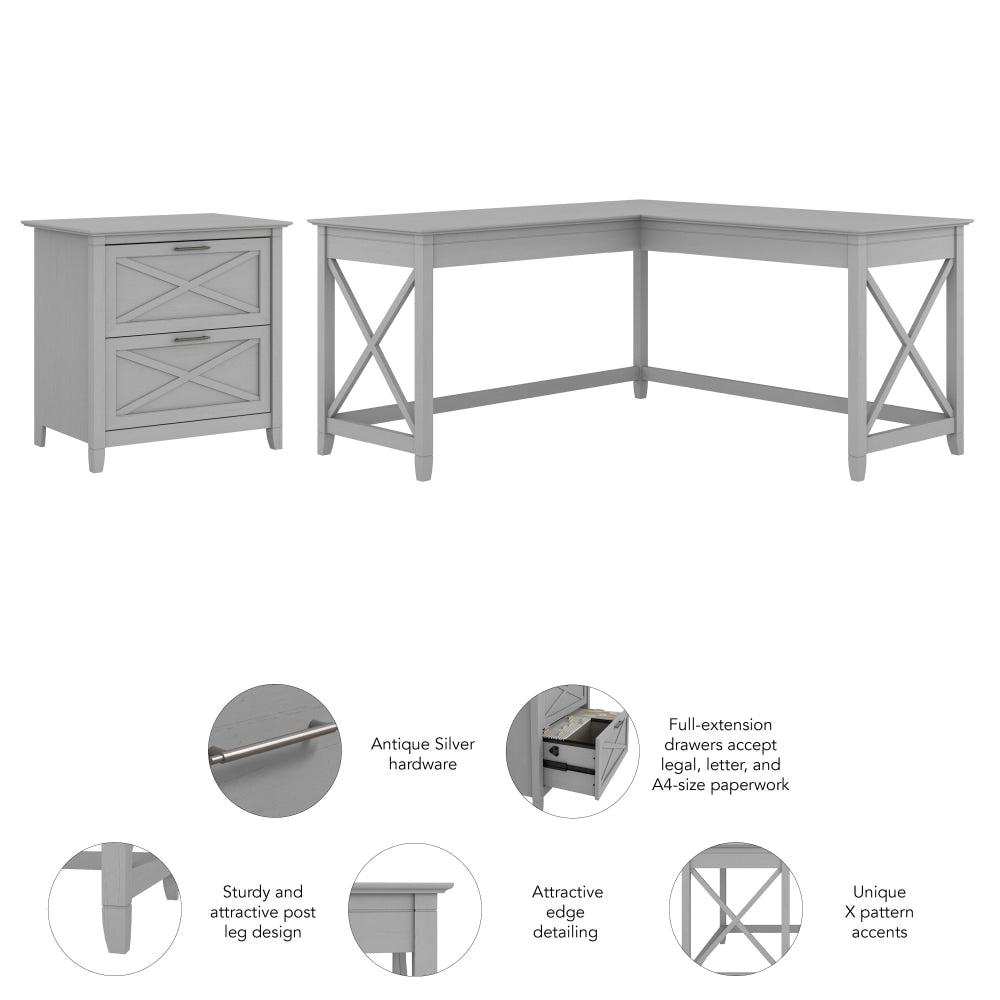 Bush Business Furniture Key West 60inW L-Shaped Corner Desk With 2-Drawer Lateral File Cabinet, Cape Cod Gray, Standard Delivery