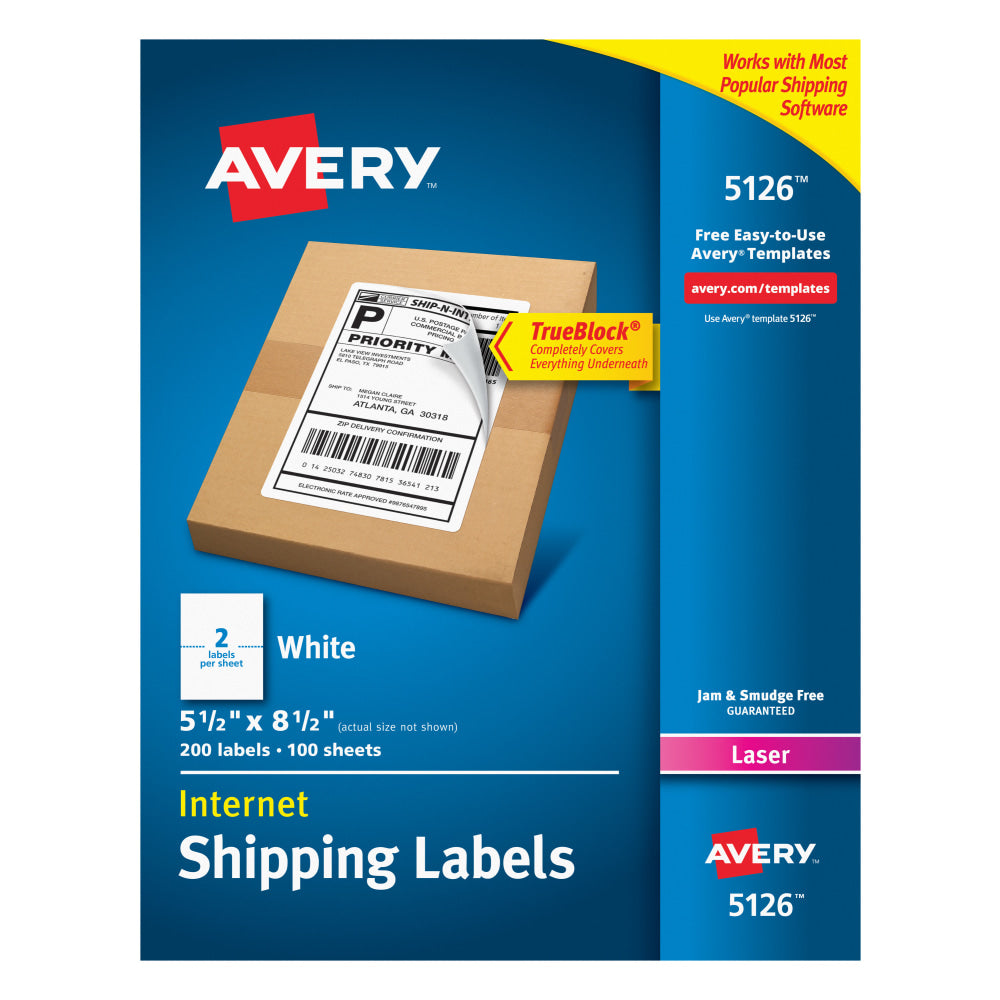 Avery TrueBlock White Laser Shipping Labels, Internet, 5126, 5 1/2in x 8 1/2in, Pack Of 200