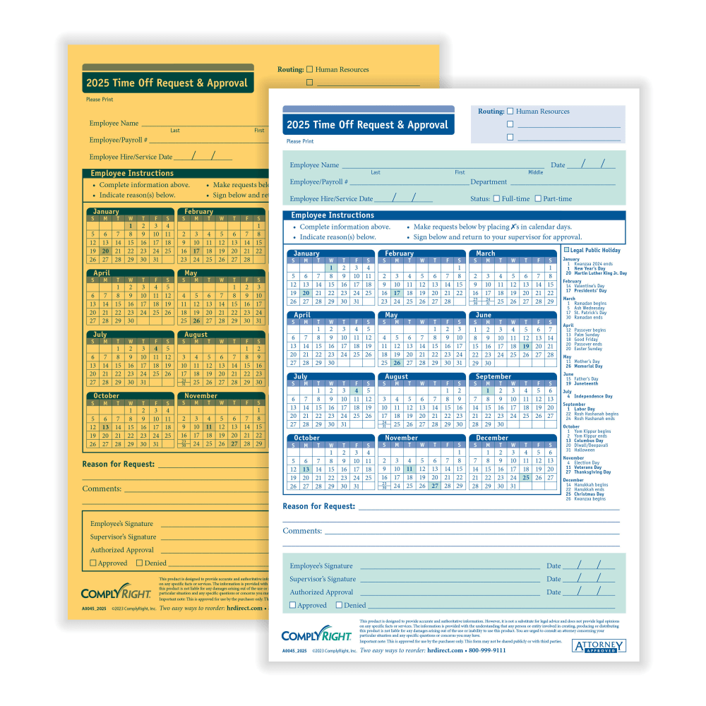 ComplyRight 2024 Time Off Request And Approval Forms, 2-Part, 5 1/2in x 8 1/2in, White, Pack Of 50