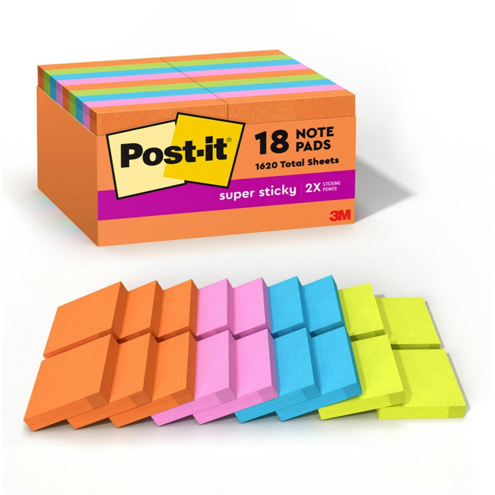 Post-it Super Sticky Notes, 1-7/8 in x 1-7/8 in, 18 Pads, 90 Sheets/Pad, 2x the Sticking Power, Energy Boost Collection