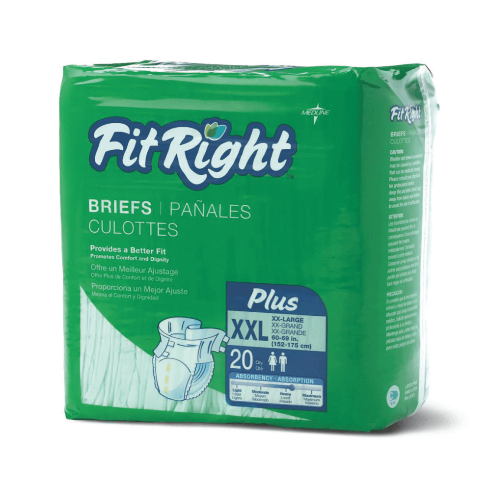 FitRight Plus Disposable Briefs, XX-Large, 60 - 69in, Green, Bag Of 20