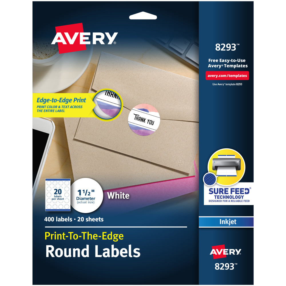 Avery Print-to-the-Edge Labels With Sure Feed Technology, 8293, Round, 1-1/2in, Pack Of 400 Labels