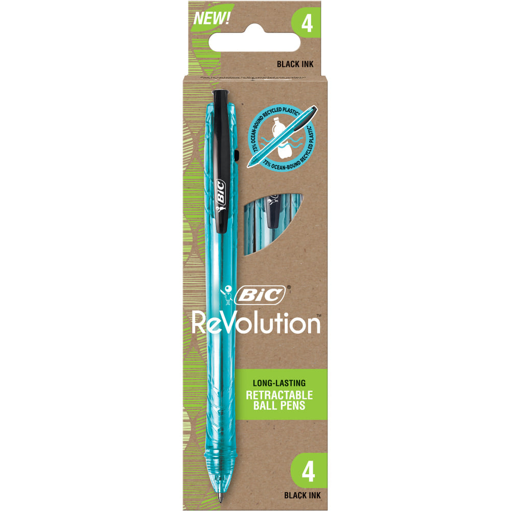 BIC ReVolution Ocean-Bound Ball Pens, Medium Point, 1.0 mm, Blue Barrel, Black Ink, Pack Of 4 Pens