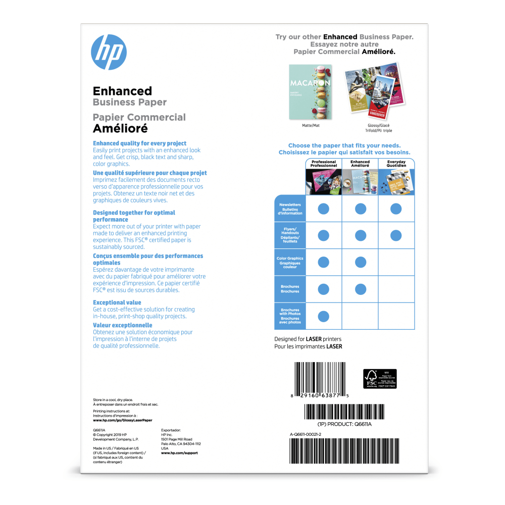 HP Enhanced Business Paper for Laser Printers, Glossy, Letter Size (8 1/2in x 11in), Heavy 40 Lb, Pack Of 150 Sheets (Q6611A)