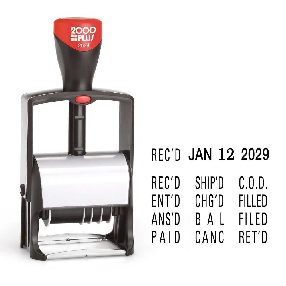 2000 PLUS Date Phrase Dater Heavy Duty Self-Inking 12-in-1 Date Phrase Dater, 12 Phrases,  REC-d, ANS-d, ENT-d, PAID, BAL, CHG-d, SHIP-d, RET-d, C.O.D, CANC, FILLED and FILED, 1 3/4in x 1/4in Impression, Black Ink