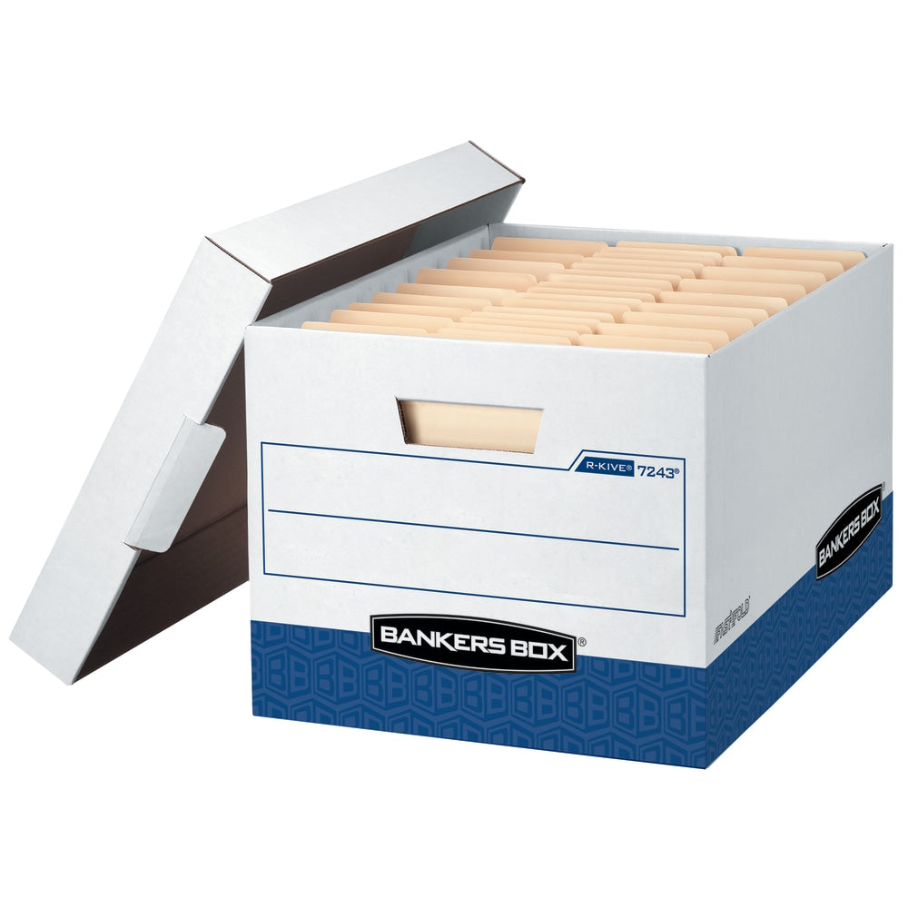 Bankers Box R Kive Heavy-Duty Storage Boxes With Locking Lift-Off Lids And Built-In Handles, Letter/Legal Size, 15in x 12in x 10in, 60% Recycled, White/Blue, Case Of 12