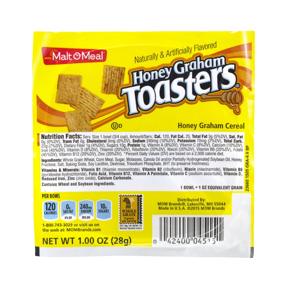 Malt-O-Meal Honey Graham Toasters Cereal Bowls, 1 Oz, Pack Of 96 Boxes