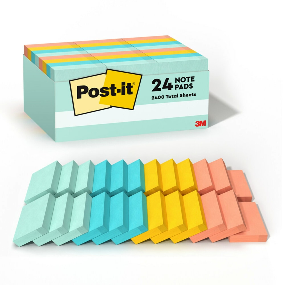 Post-it Notes, 1-3/8 in x 1-7/8 in, 24 Pads, 100 Sheets/Pad, Clean Removal, Beachside Cafe Collection