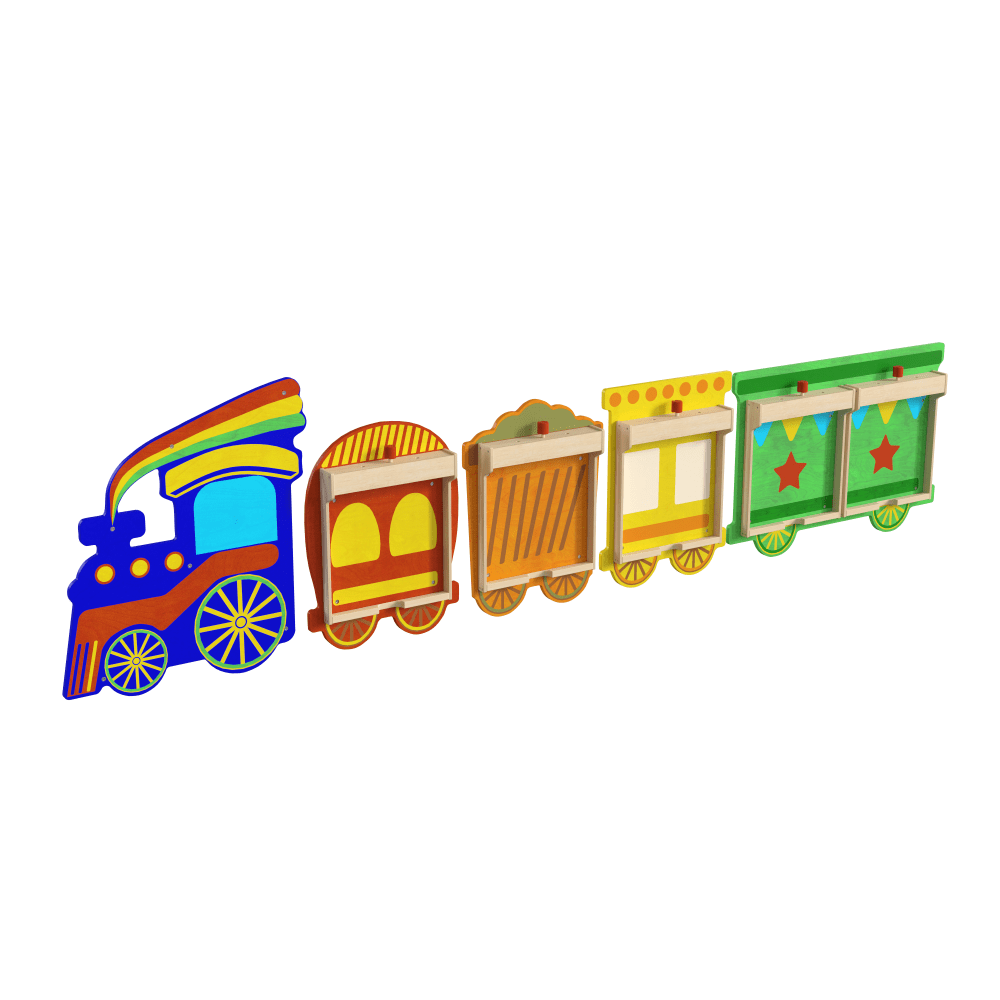 Flash Furniture Bright Beginnings Commercial Grade Wooden Train STEAM Wall System With 5 Accessory Panel Holders, Multicolor