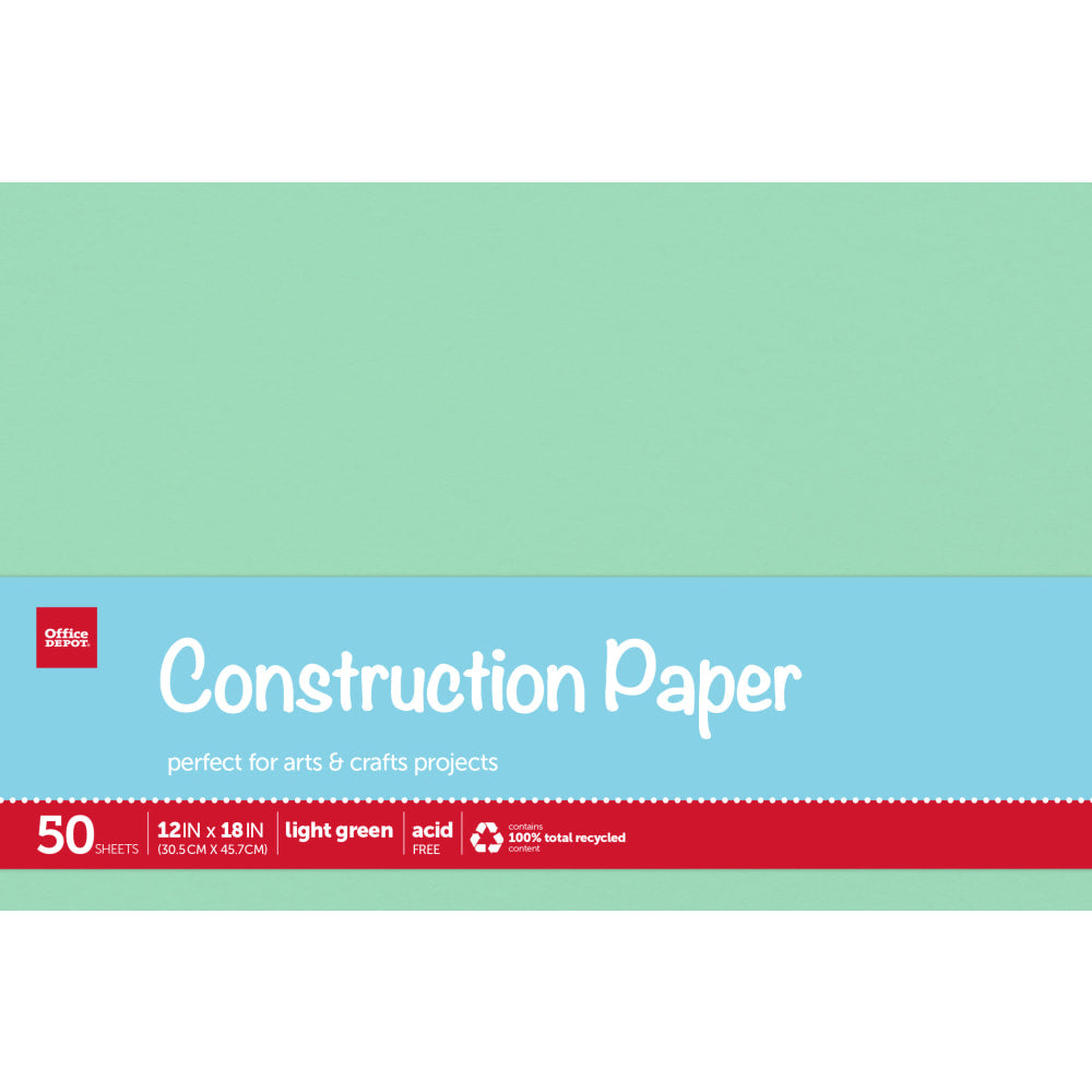 Office Depot Brand Construction Paper, 12in x 18in, 100% Recycled, Light Green, Pack Of 50 Sheets