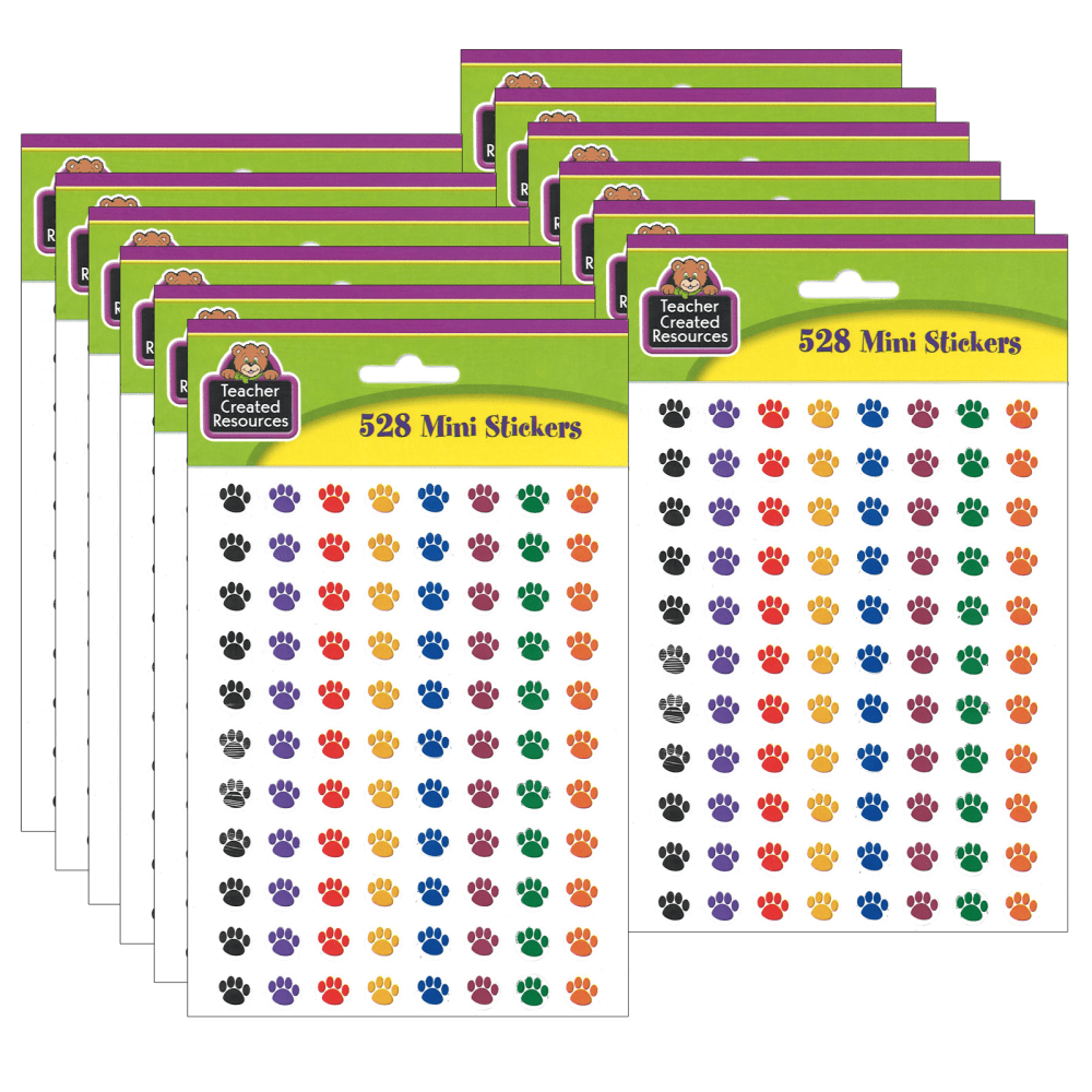 Teacher Created Resources Mini Stickers, Colorful Paw Prints, 528 Stickers Per Pack, Set Of 12 Packs