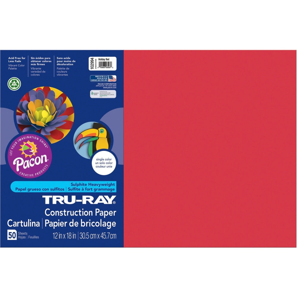 Tru-Ray Construction Paper, 50% Recycled, 12in x 18in, Holiday Red, Pack Of 50