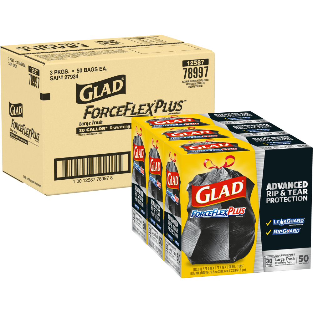 Glad ForceFlexPlus Drawstring Trash Bags, 30 Gallons, Black, 50 Per Box, Carton Of 3 Boxes