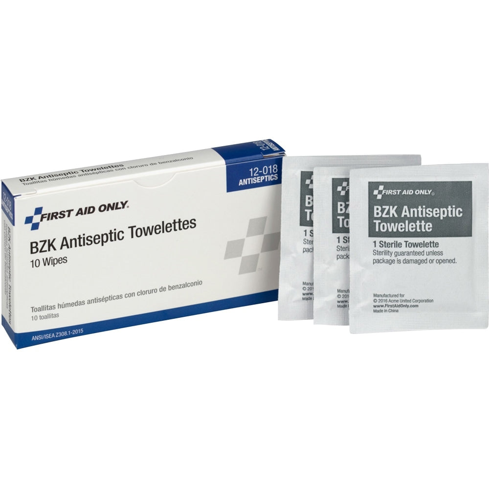 First Aid Only BZK Antiseptic Towelettes, 2in x 2in, White, Box Of 10