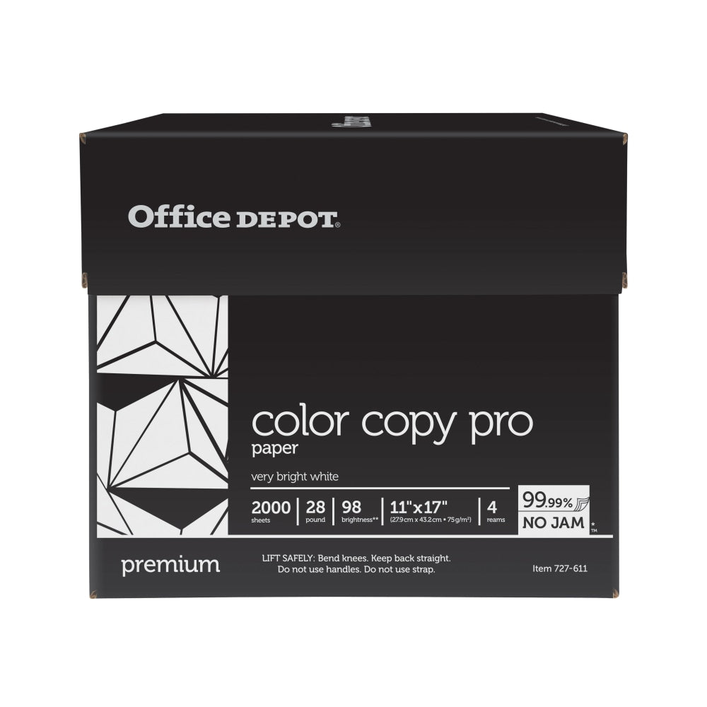 Office Depot Color Copy Paper, White, Ledger (11in x 17in), 2000 Sheets Per Case, 28 Lb, 98 Brightness, Case Of 4 Reams