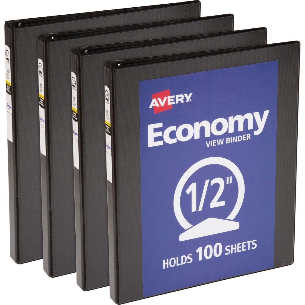 Avery Economy View Binder, 1/2in Ring, 8 1/2in x 11in, Black, Pack Of 4