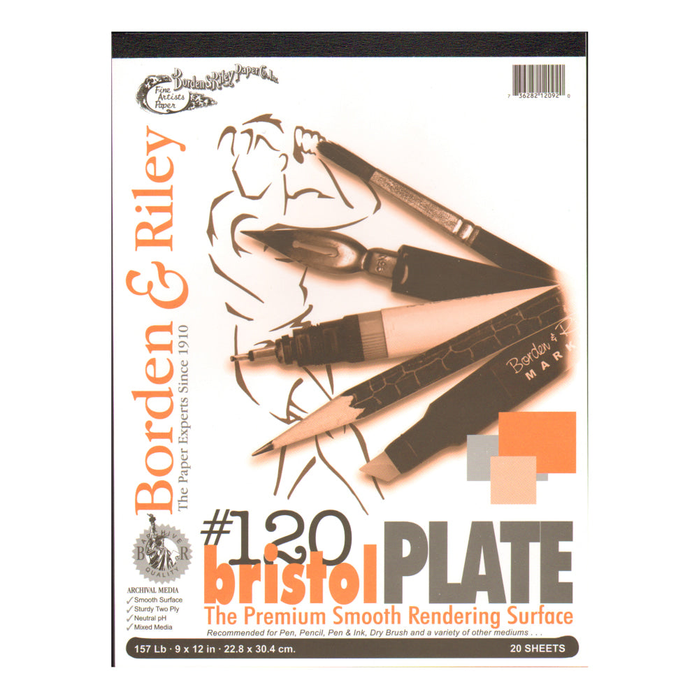 Borden & Riley #120 Bristol Pad, Plate Finish, 9in x 12in, 12 Sheets Per Pad