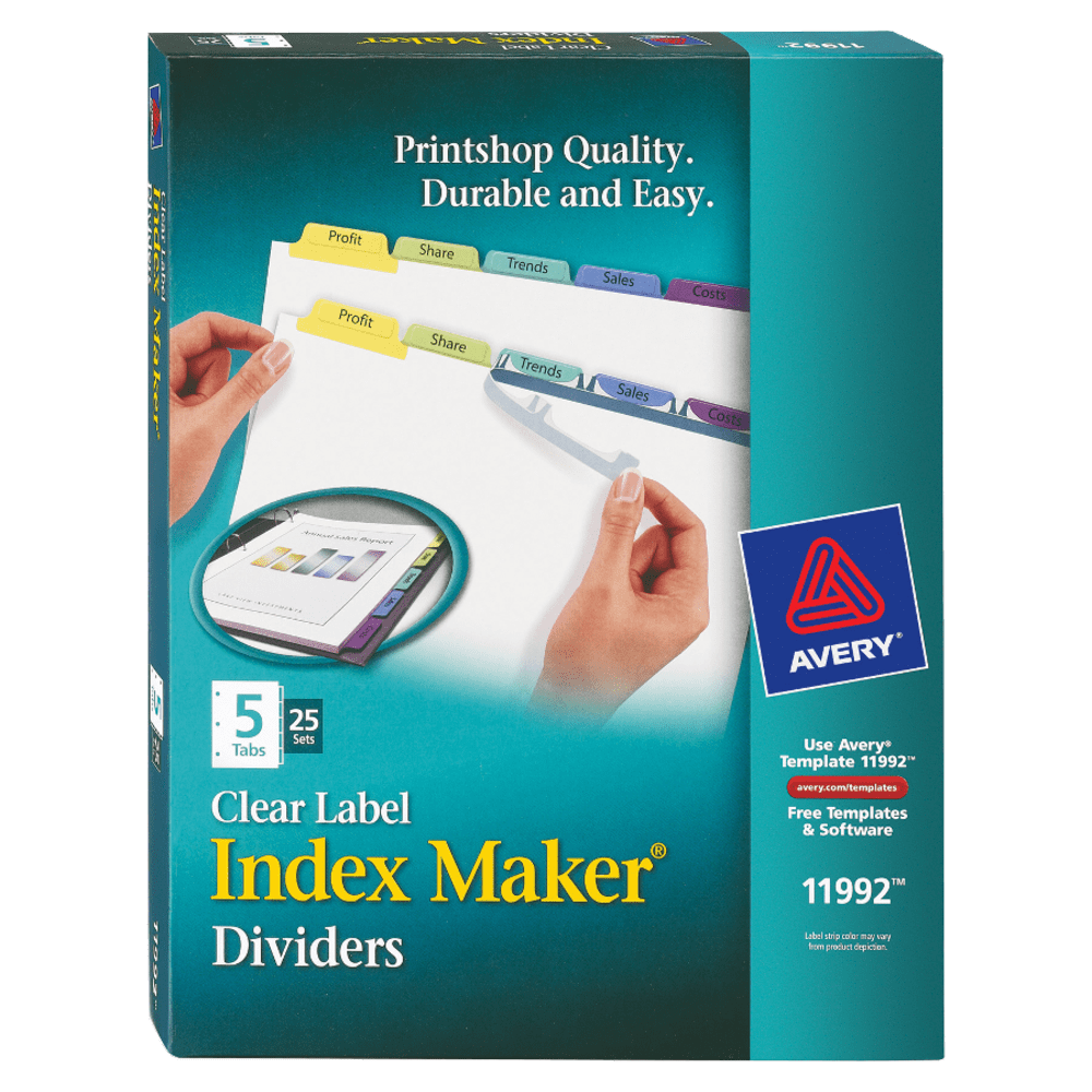 Avery Print & Apply Clear Label Dividers With Index Maker Easy Apply Printable Label Strip And Color Tabs, 5-Tab, Contemporary Multicolor, Box Of 25 Sets