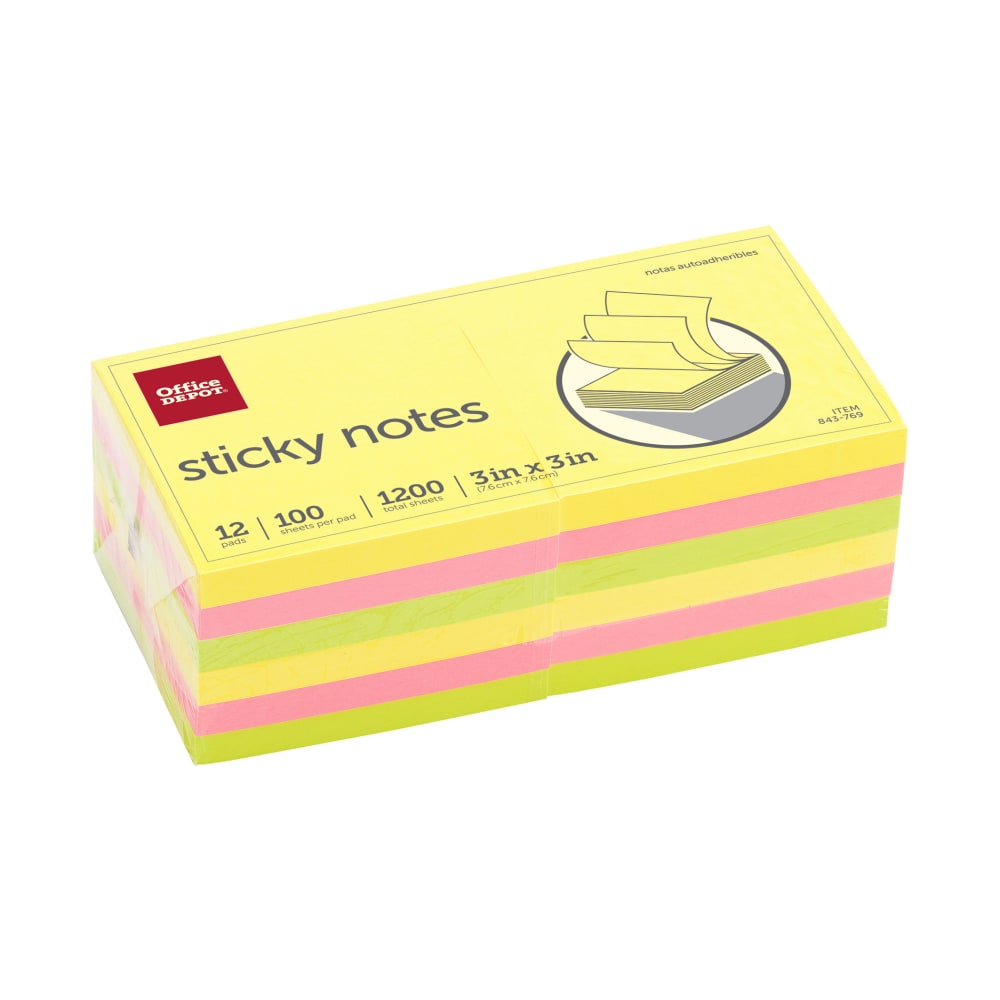 Office Depot Brand Sticky Notes, 3in x 3in, Assorted Neon Colors, 100 Sheets Per Pad, Pack Of 12 Pads, 21332-BRIGHT