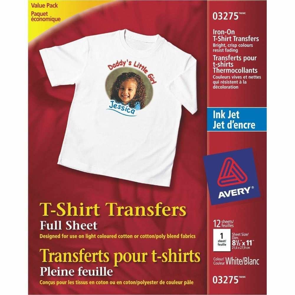 Avery T-Shirt Transfers for Inkjet Printers - Letter - 8 1/2in x 11in - Matte - 12 / Pack - Printable, Easy Peel, Die-cut, Long Lasting, Crack Resistant