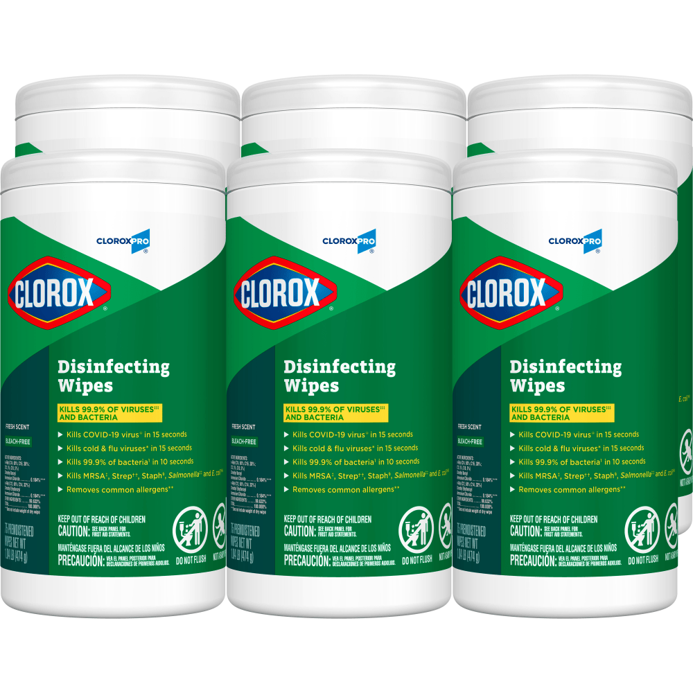 Clorox Disinfecting Wipes, 7in x 8in, Fresh Scent, 75 Wipes Per Tub, Box Of 6 Tubs