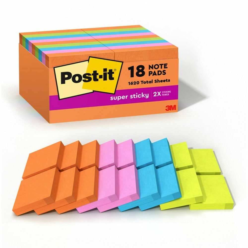 Post-it Super Sticky Notes - Energy Boost Color Collection - 2in x 2in - Square - 90 Sheets per Pad - Multicolor - Paper - Super Sticky, Adhesive, Recyclable, Residue-free - 1620 / Pack