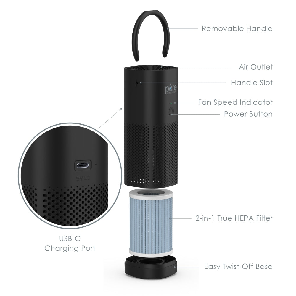 Pure Enrichment PureZone HEPA Mini Portable Air Purifier, 54 Sq. Ft. Coverage, 7in x 2-3/4in, Black