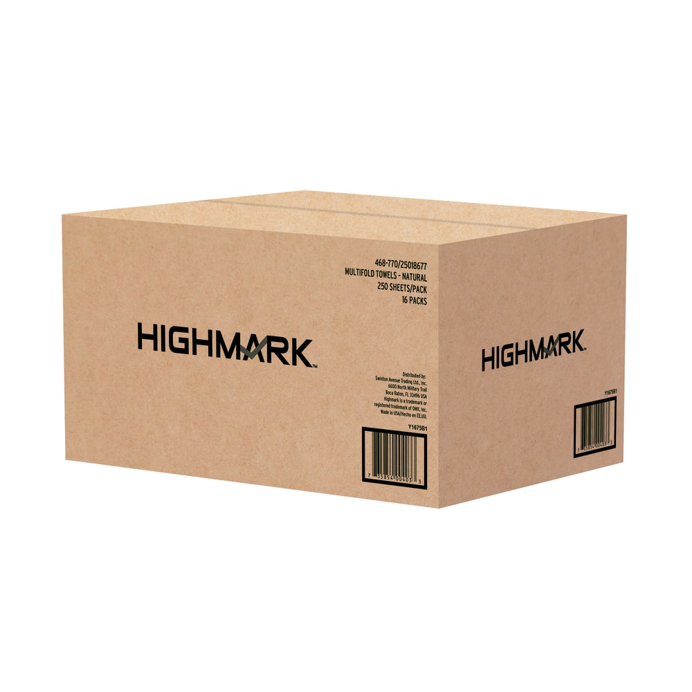 Highmark Multi-Fold 1-Ply Paper Towels, 100% Recycled, Natural, 250 Sheets Per Pack, Case Of 16 Packs