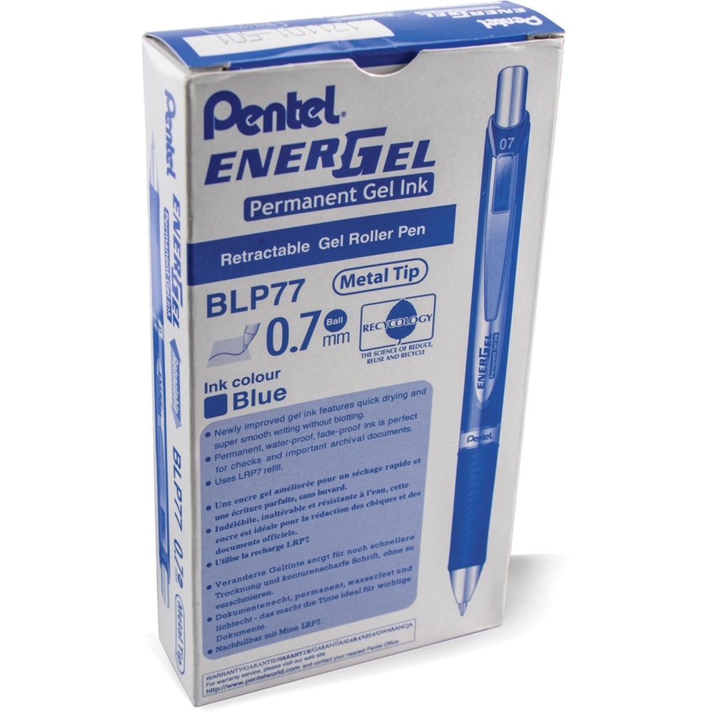 Pentel EnerGel 0.7 mm Retractable Gel Roller Pen, Medium Point, 0.7 mm, Black Barrel, Blue Ink