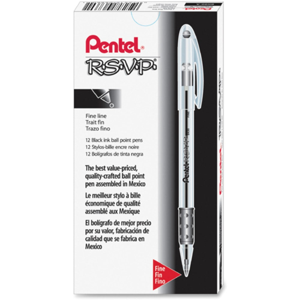 Pentel R.S.V.P. Ballpoint Pens, Fine Point, 0.7 mm, Clear Barrel, Black Ink, Pack Of 12