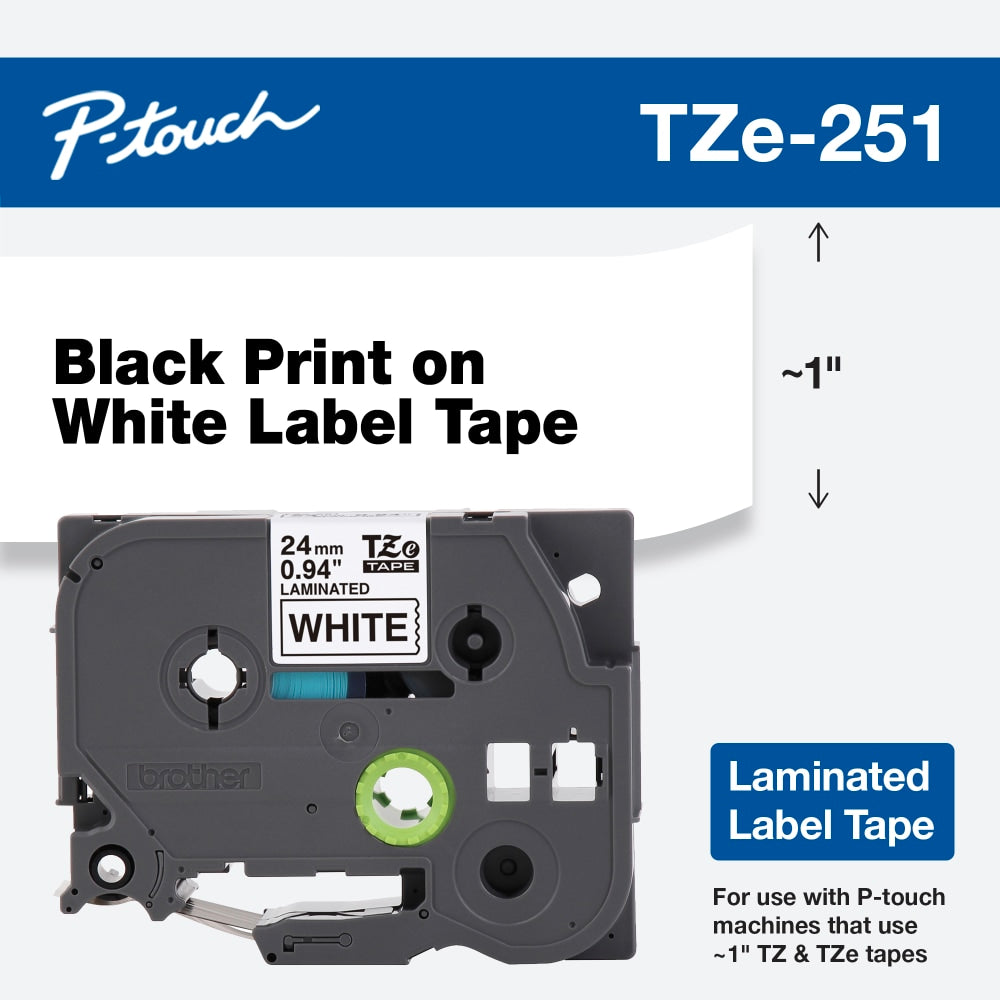 Brother TZe-251 Black-On-White Tape, 1in x 26.2ft