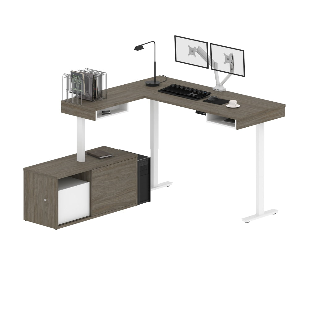 Bestar Pro-Vega 81inW L-Shaped Standing Corner Desk With Dual Monitor Arm And Credenza, Walnut Gray/White