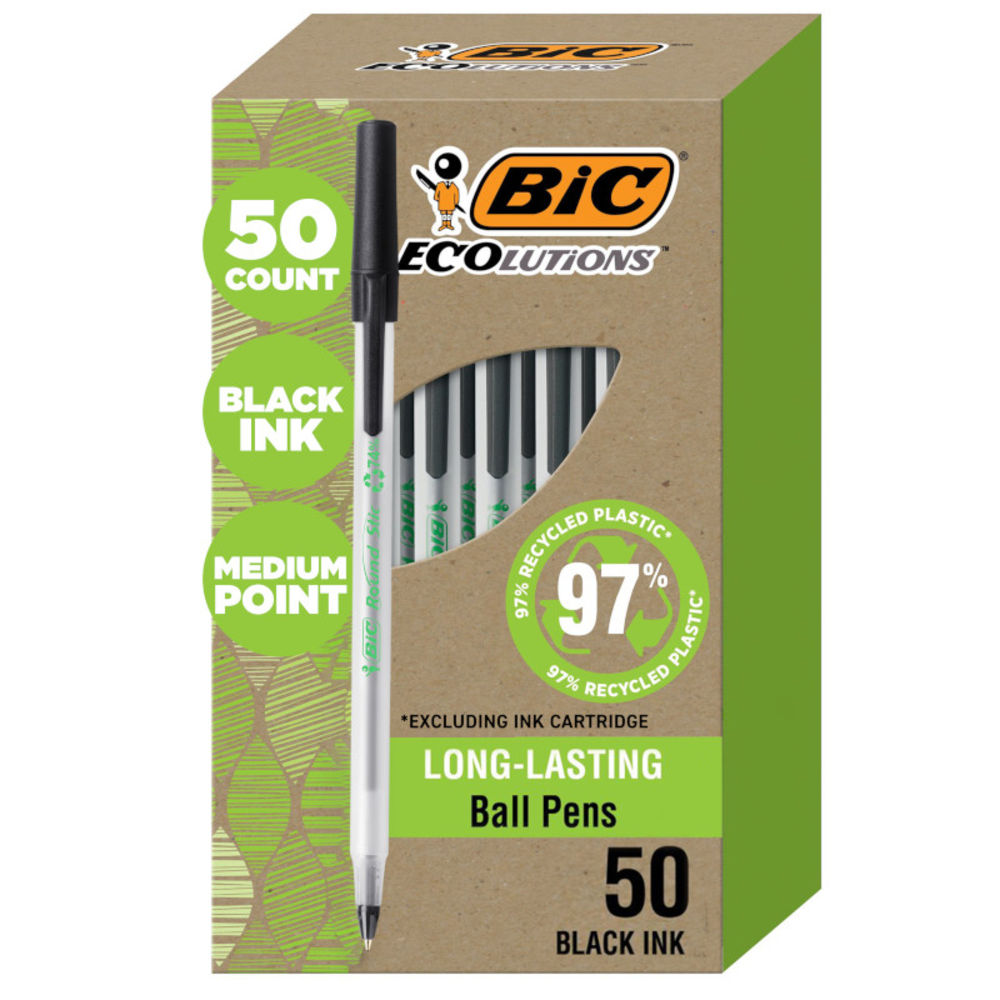 BIC Ecolutions Round Stic Ball Pens, Medium Point, 1.0 mm, 74% Recycled, Translucent Barrel, Black Ink, Pack Of 50 Pens