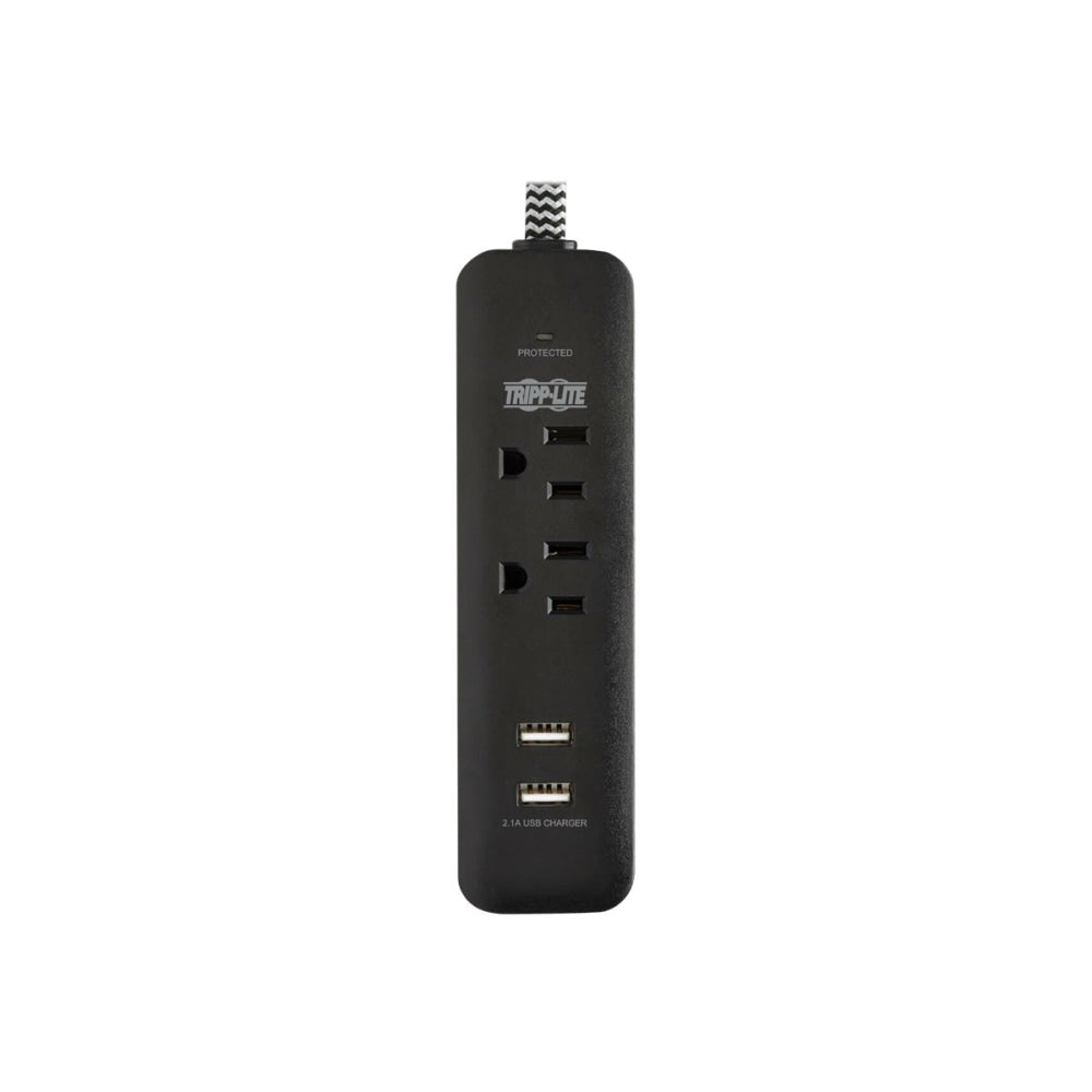 Tripp Lite Surge Protector Power Strip 2-Outlet w 2 USB Ports 2.1A 6ft Cord - Surge protector - 15 A - AC 120 V - 1800 Watt - output connectors: 4 - 6 ft cord - black - for P/N: CLAMPUSBLK, CLAMPUSW