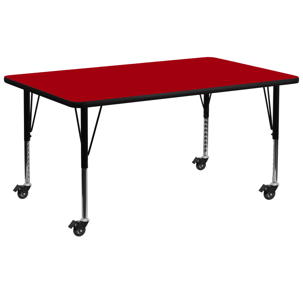 Flash Furniture Mobile Rectangular Thermal Laminate Activity Table With Height-Adjustable Short Legs, 25-3/8inH x 30inW x 72inD, Red