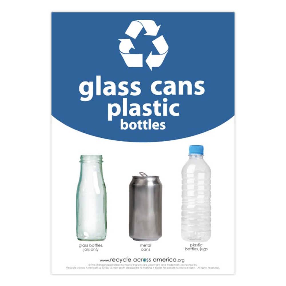 Recycle Across America Glass, GCP-1007, Cans And Plastics Standardized Recycling Label, 10in x 7in, Blue