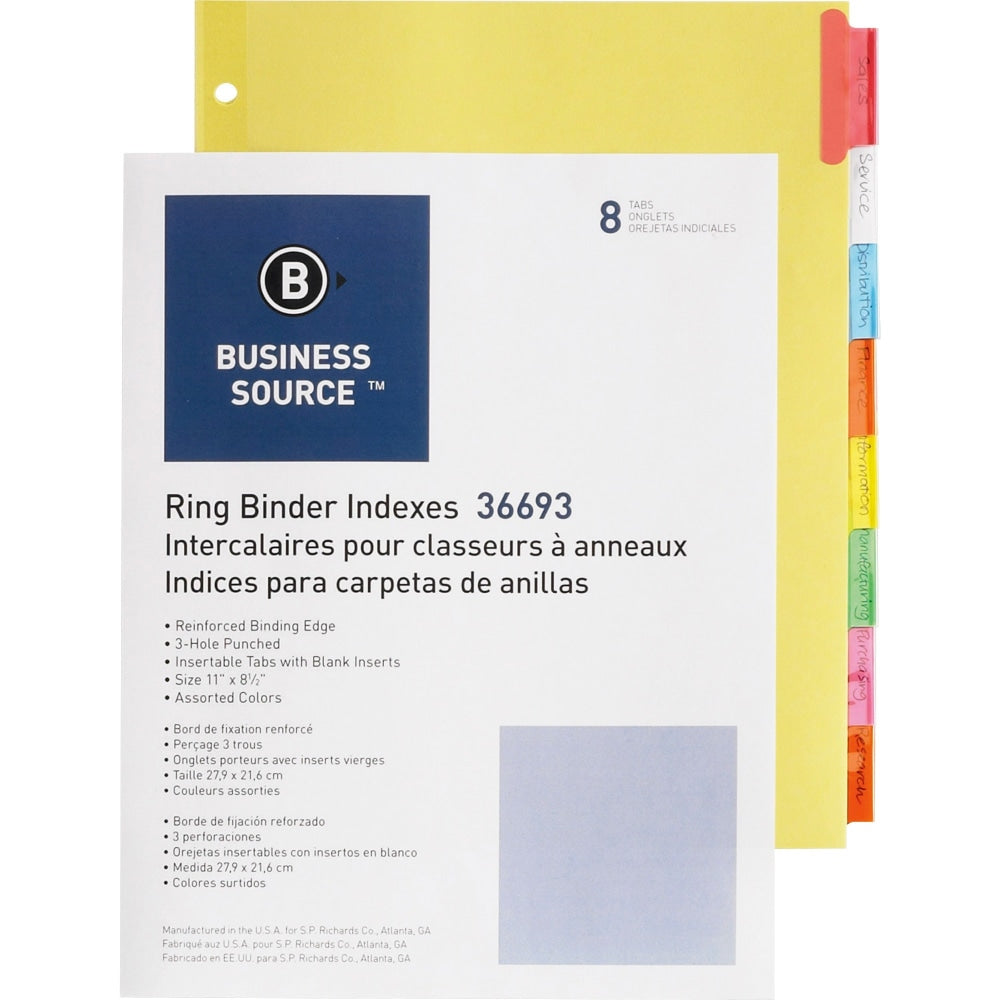 Business Source Insertable Tab Ring Binder Indexes - 8 Blank Tab(s)1.50in Tab Width - 8.5in Divider Width x 11in Divider Length - Letter - 3 Hole Punched - Multicolor Tab(s) - 400 / Box